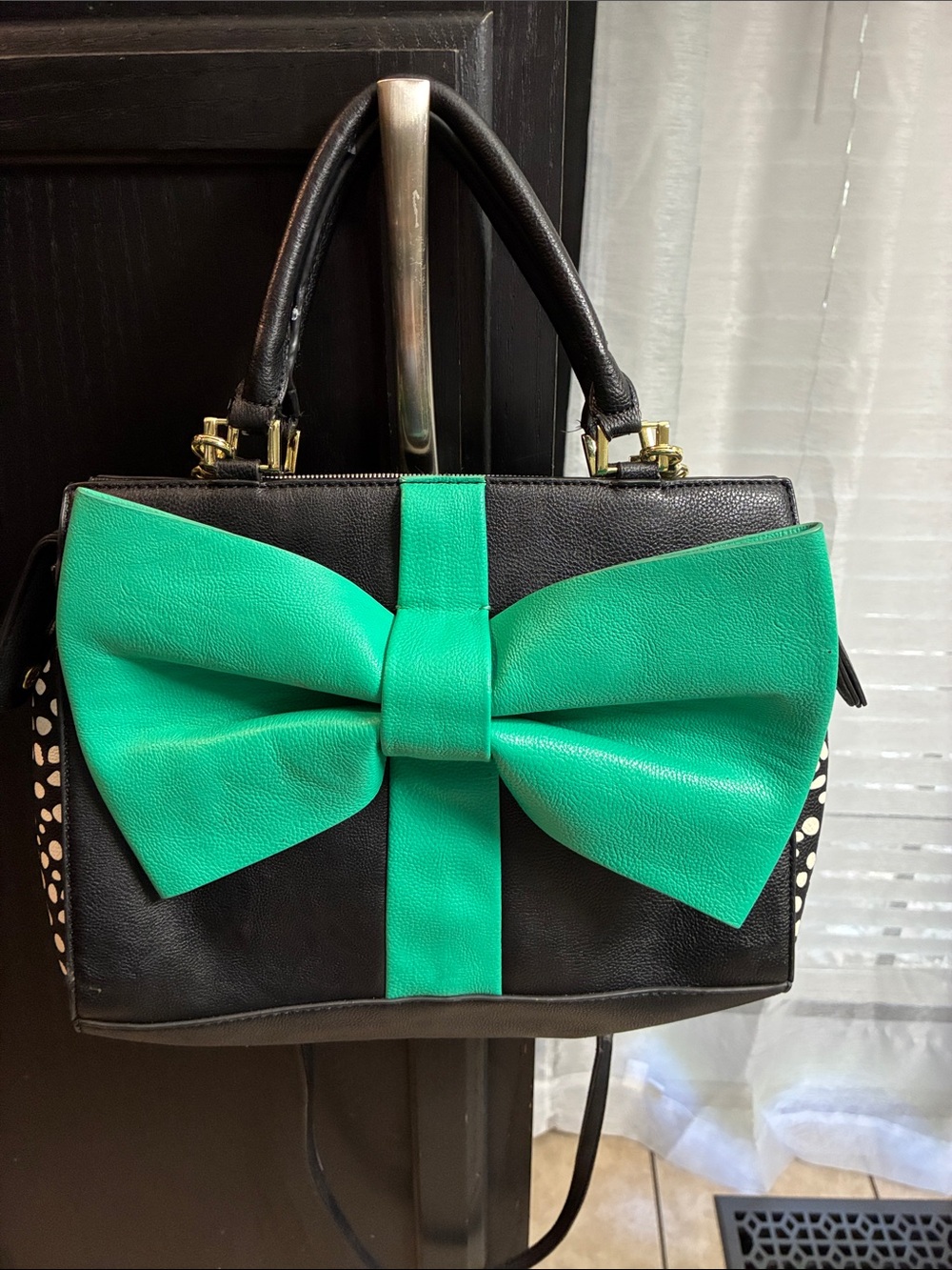 Betsey Johnson Black Satchel with Teal Bow Accent